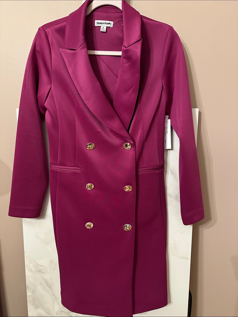 Shelby & Palmer Raspberry Double-Breasted Blazer Coat with Gold Buttons